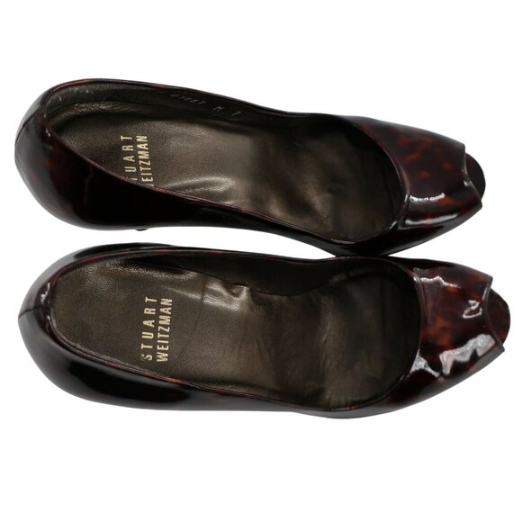 Womens Stuart Weitzman Tortoiseshell Patent Leather Peep Toe Pumps sz 7 M Heels - Picture 7 of 8